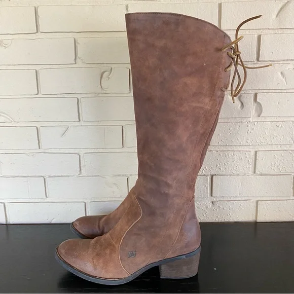 Born Shoes Born Tallbrown Leather Boots Lace Up Back Details Riding Granny Boots Size M Poshmark